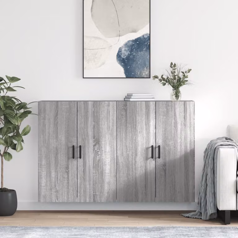 Set di 2 mobili a parete moderni vidaXL in legno MDF, colore grigio, L: 69,5 cm, P: 34 cm, H: 90 cm