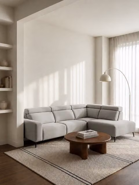 Divano angolare destro Calary Kenay Home color perla con funzione letto e cuscini inclusi
