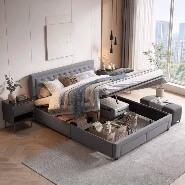 Letto matrimoniale 160x200 cm con contenitore 2 cassetti testiera rete a doghe legno velluto metallo - grigio
