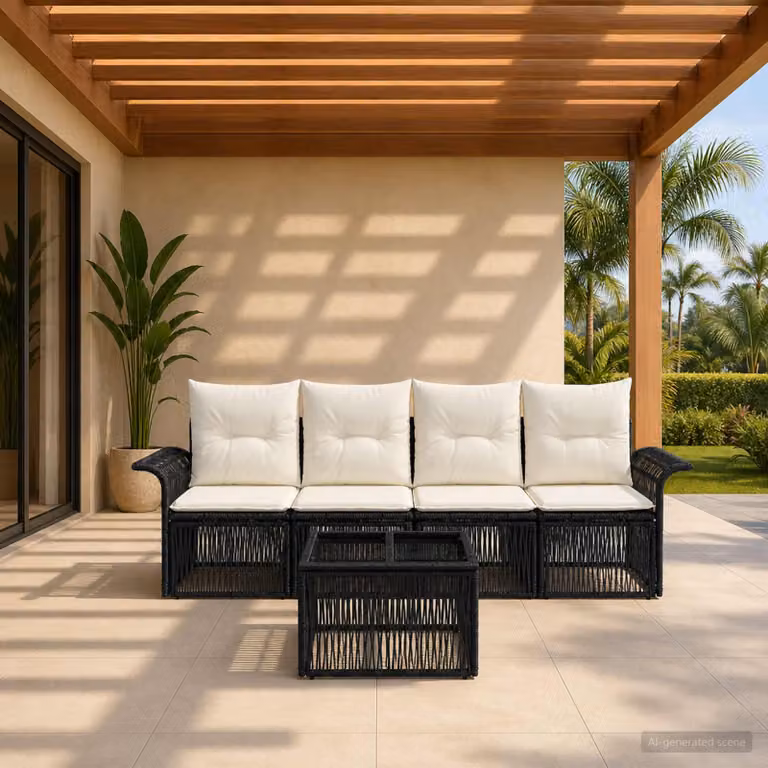Set Divano da Giardino vidaXL 5 Pezzi Moderno in Polyrattan Nero con Cuscini e Tavolino