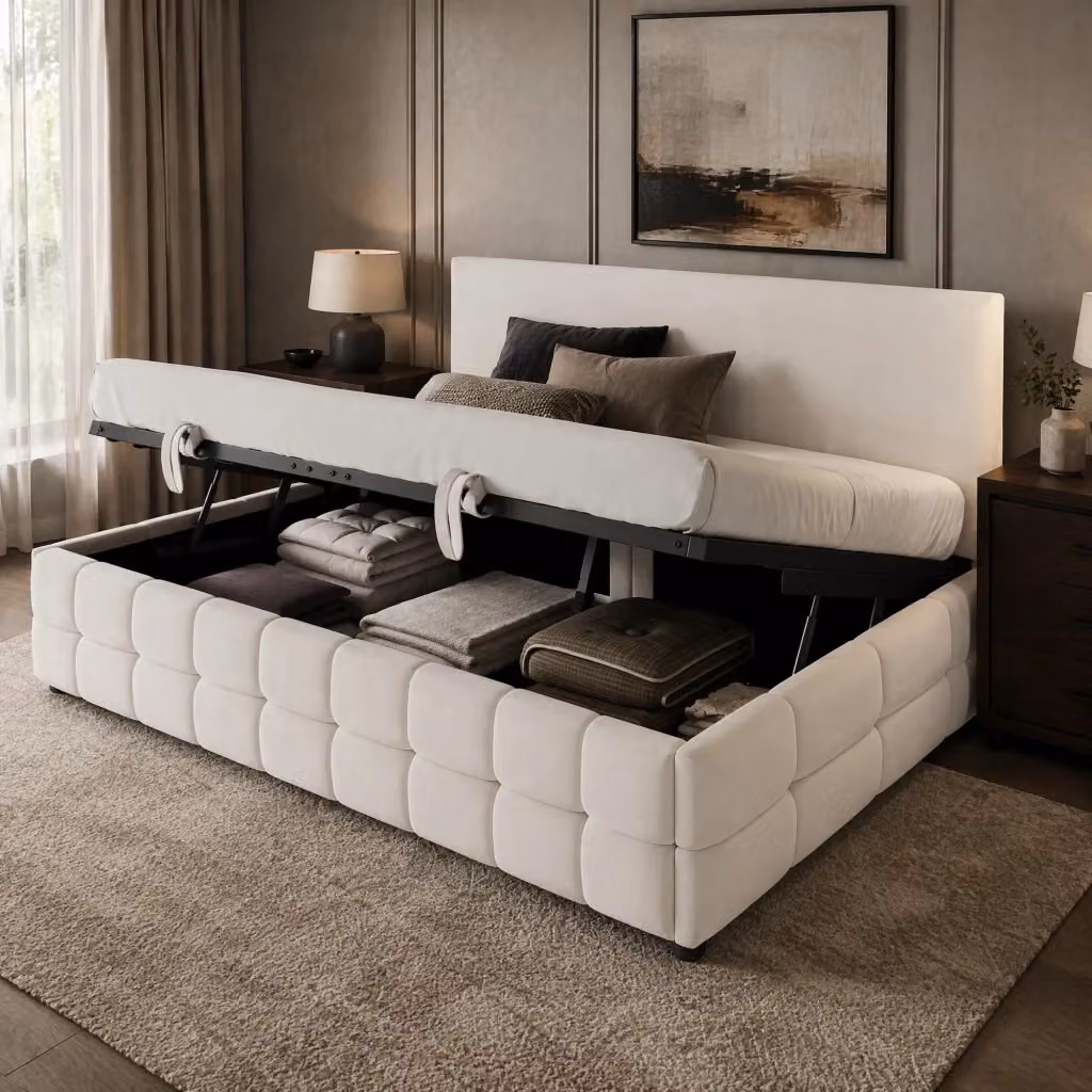 Letto Contenitore REDOM in Velluto Beige con Base Lift Up L/P/H: 90 x 200 x 33 cm – 2