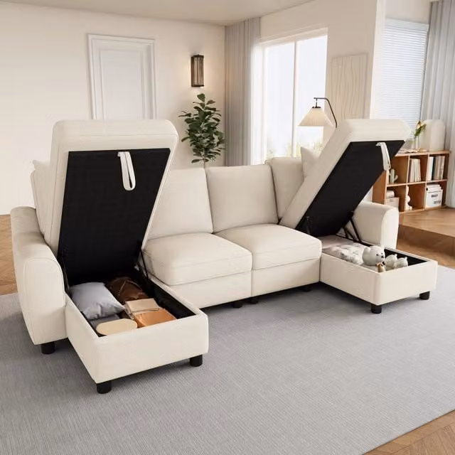 Divano panoramico a U con vano contenitore e 2 cuscini in ciniglia Beige L/P/H: 280 x 137 x 84 cm