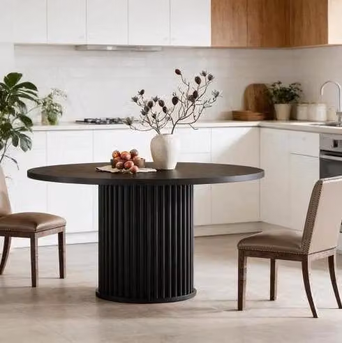 Tavolo rotondo da pranzo moderno nero in MDF e metallo; 119;9 cm; per 6 persone