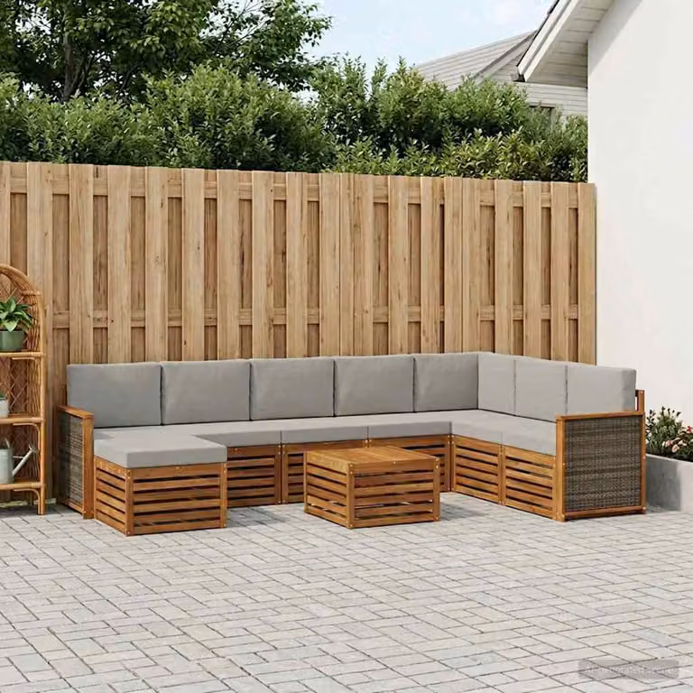 vidaXL Set di divani da esterno 9 pz in legno di acacia con cuscini, colore beige e grigio chiaro