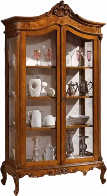 Vetrina in legno di radica con 2 ante in vetro stile Impero finitura Bassano di Mobili 2G L: 114 cm, P: 46 cm, H: 217 cm