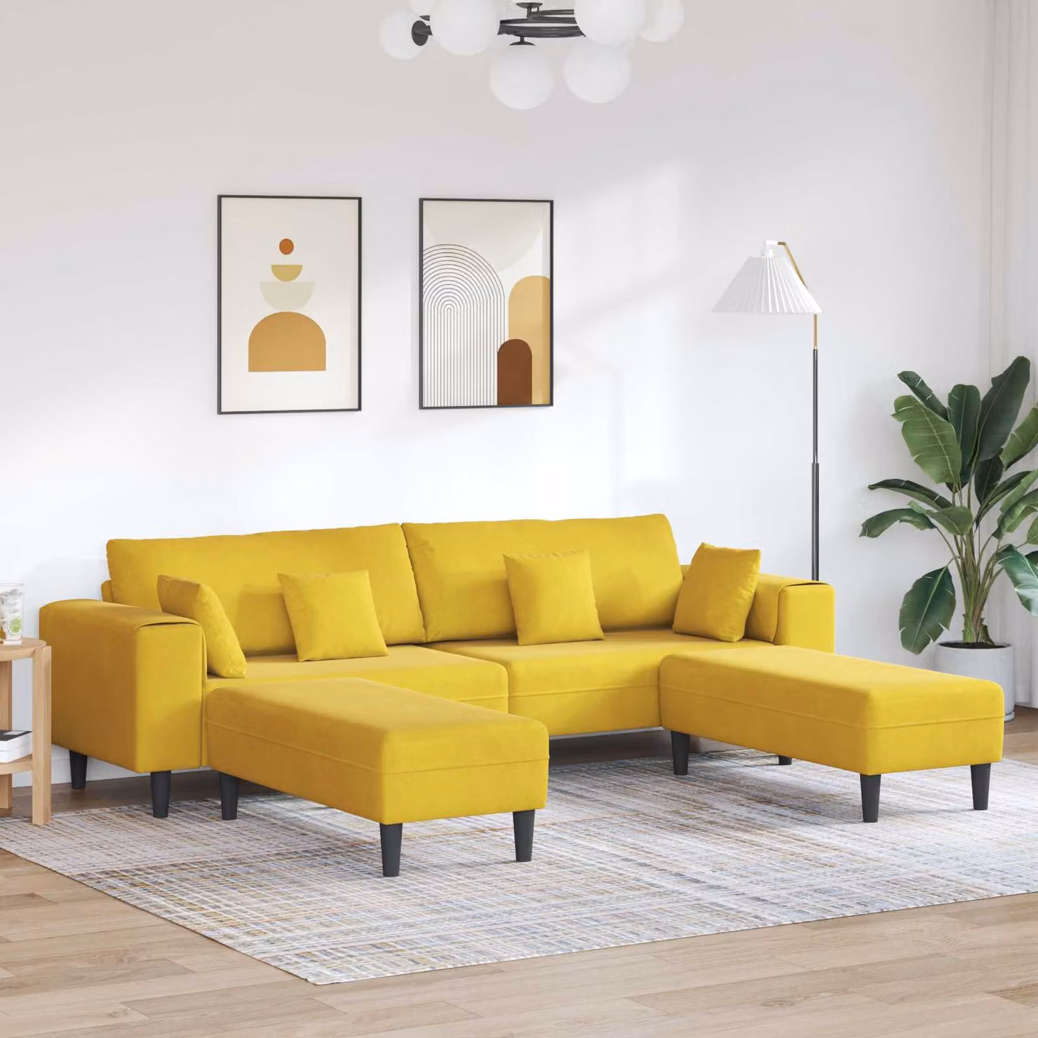 Divano moderno vidaXL in velluto giallo con cuscini, L: 250 cm, P: 76 cm, H: 76 cm