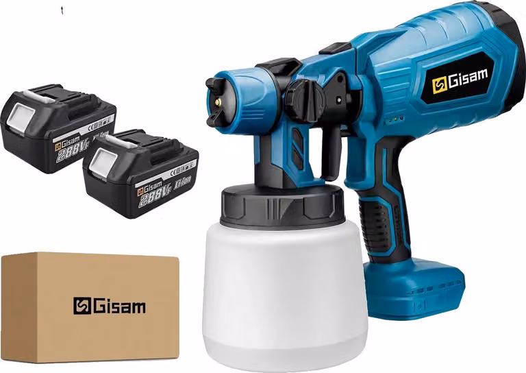 Pistola a spruzzo elettrica, tecnologia HVLP, capacità 1000 ml, 2 batterie grandi blu