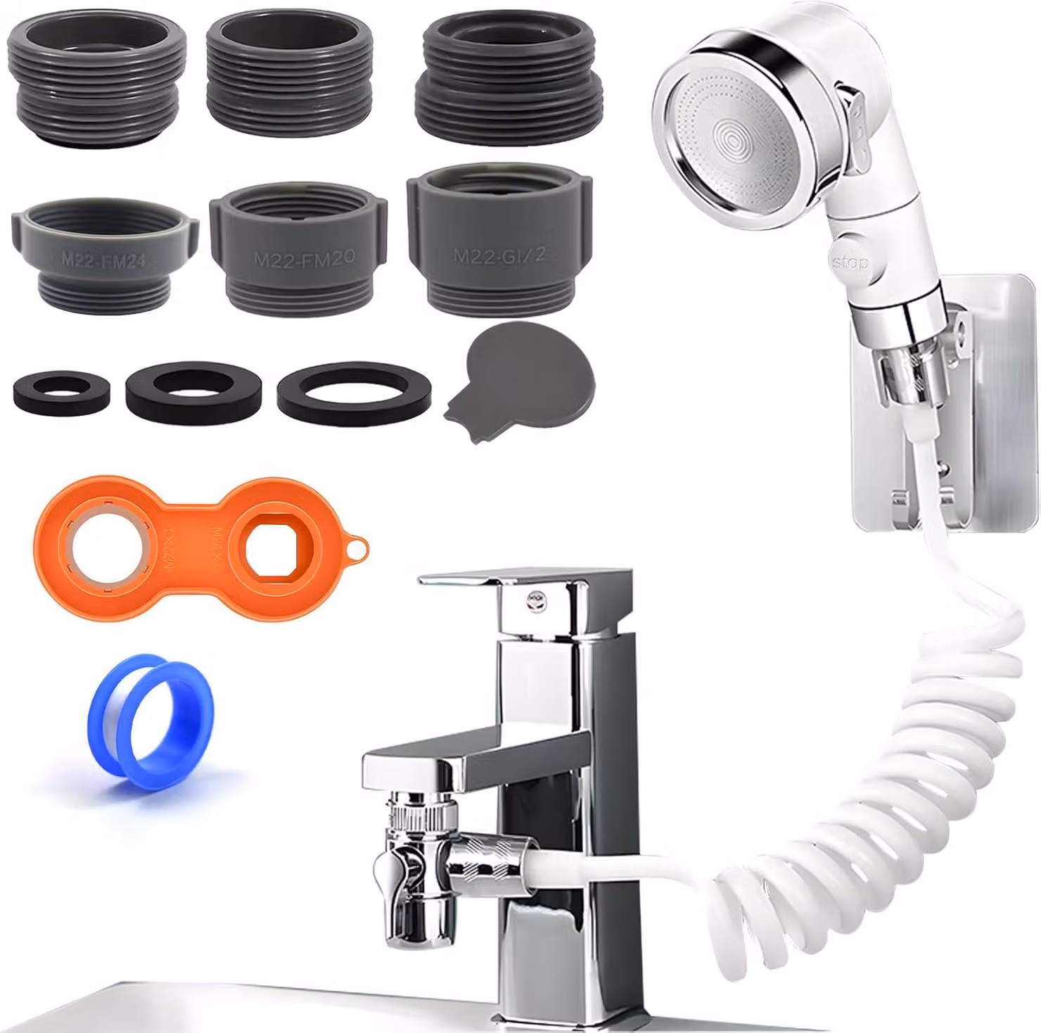 Doccia a mano per lavabo, con 3 modalità di getto, tubo da 1,5 metri, completa di supporto e funzione di interruzione del flusso, ideale per il bagno