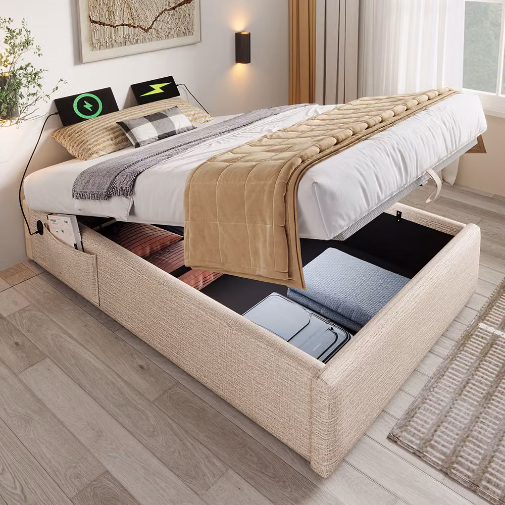 Letto imbottito Sweiko, letto singolo 90×200 cm, rete Sturaumbett con USB-C e rete a doghe a superficie intera, senza testata, lino, naturale, senza materasso