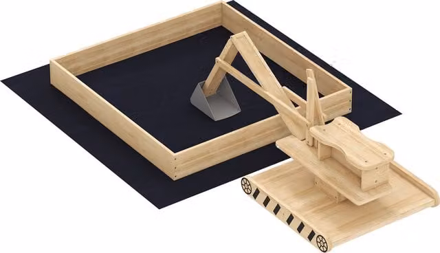 Sabbiera per bambini AIYAPLAY in legno con escavatore, sedile girevole 360° e rivestimento, colore naturale, L: 184 cm, P: 90 cm, H: 56 cm – 1