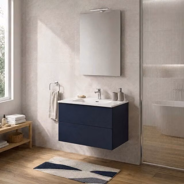 Mobile bagno sospeso Tierra blu con due cassetti push-pull e lavabo L: 70 cm, P: 50 cm, H: 45 cm