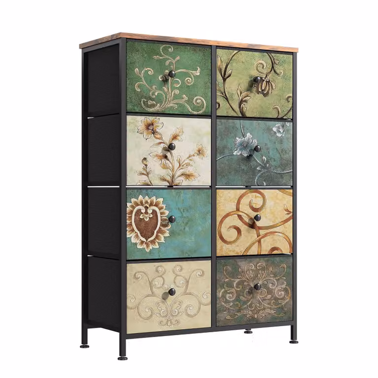 Comodino INONEFT con 8 cassetti in tessuto, mobiletto contenitore con cassetti in tessuto, armadietto con cassetti per il soggiorno, stile vintage, dimensioni 100x30x67,5 cm
