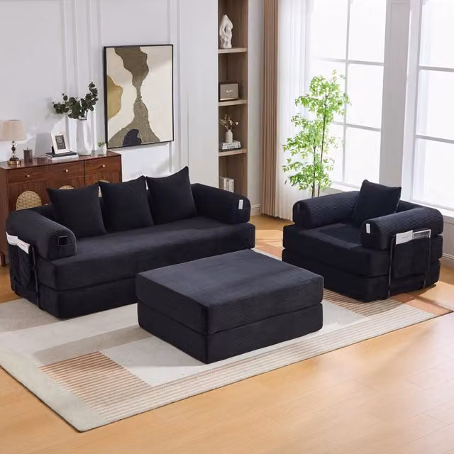 Divano Modulare 4 Posti Minimal con Poggiapiedi e Cuscini in Tessuto Cord e Struttura in Metallo Nero