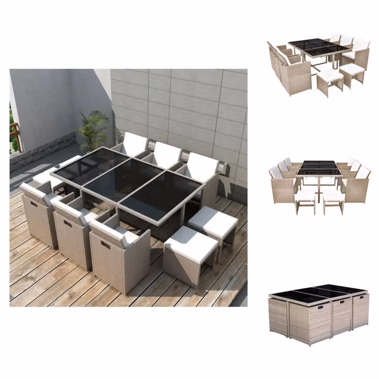 vidaXL set da pranzo da giardino 11 pezzi con cuscini in poly rattan beige - Set di mobili da giardino