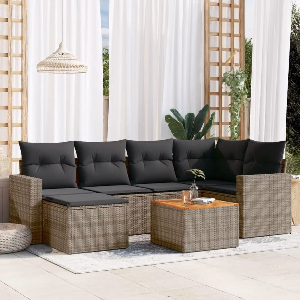 vidaXL Set di Divani da Giardino a L 7 pz in Polyrattan Grigio con Cuscini e Tavolino – 1