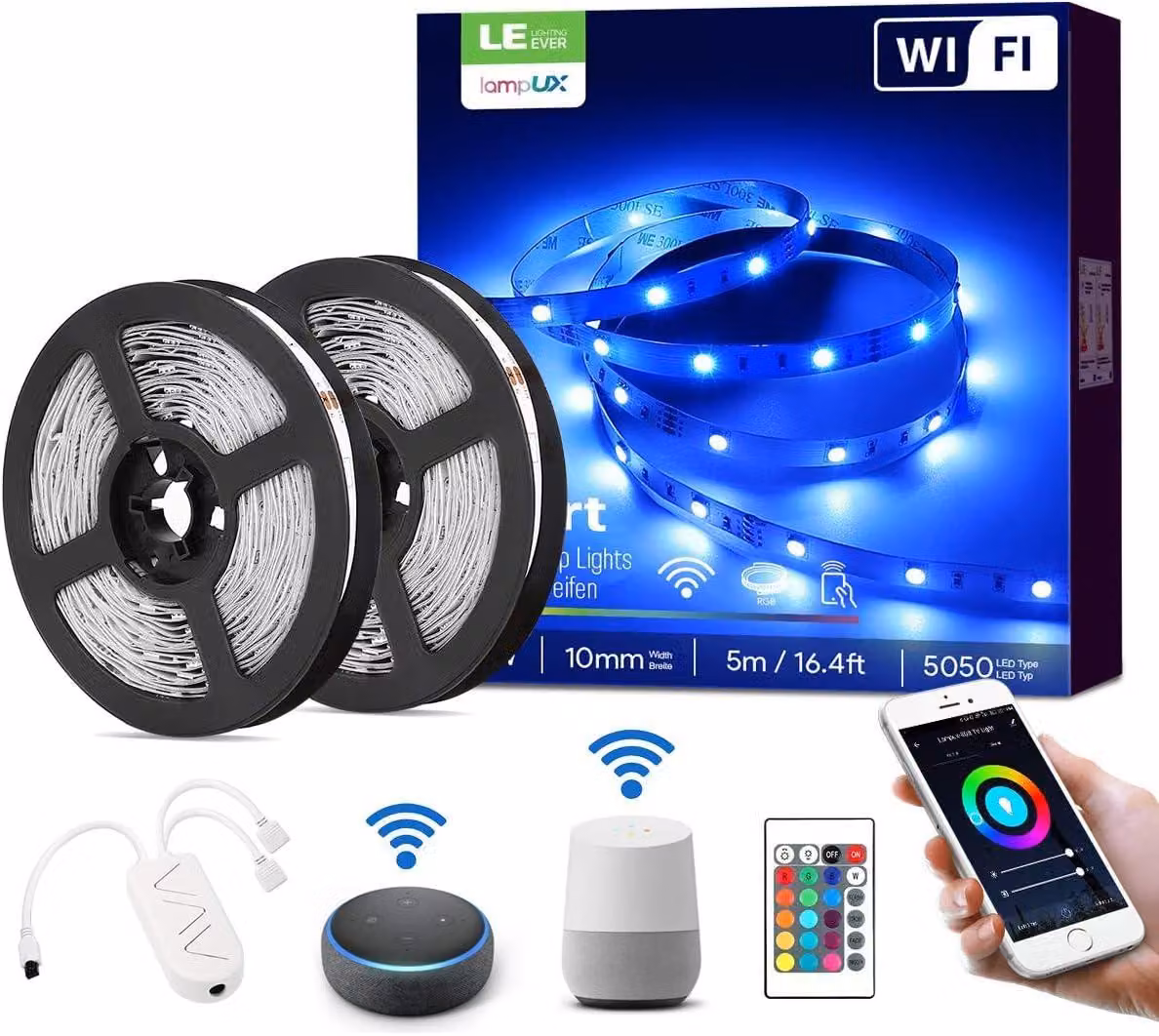 Striscia LED Alexa 10M, 2x5M, Striscia LED Wi-Fi intelligente, RGB, 300 LED, Striscia LED Wi-Fi, estremamente luminosa, 5050, autoadesiva, catena luminosa con telecomando, compatibile con Alexa, app, Google Home, IP20