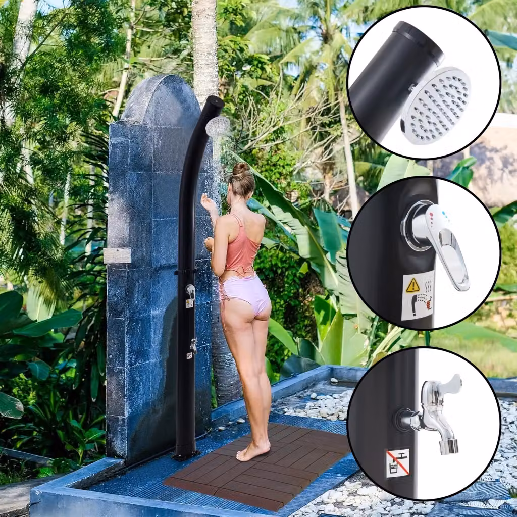 Doccia Solare da Esterno Kebomi casa.pro con Soffione Girevole e Rubinetto Lavapiedi, Colore Nero, Capacità 18 l – 2