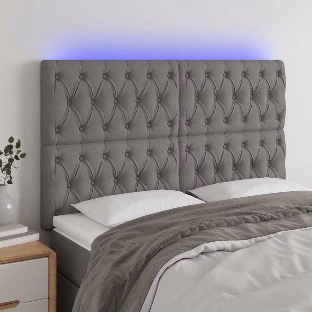 Testiera per letto vidaXL in tessuto grigio con illuminazione LED e porta di ricarica USB, L 160 cm, H 128 cm, P 7 cm