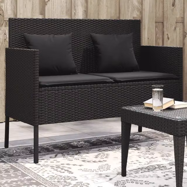 Panca da giardino moderna vidaXL in polyrattan nera con cuscini L: 113 cm, P: 61 cm, H: 87 cm