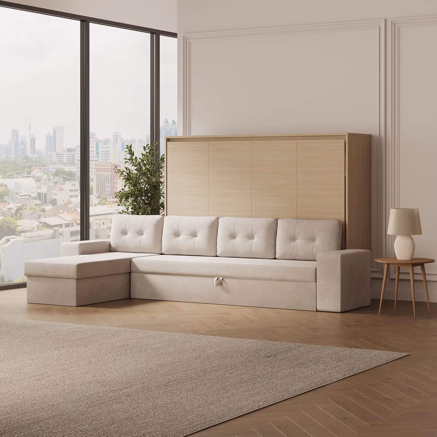 SMARTBett letto a scomparsa M2 orizzontale 140x200 con divano ad angolo grigio sabbia rovere Kaiserberg