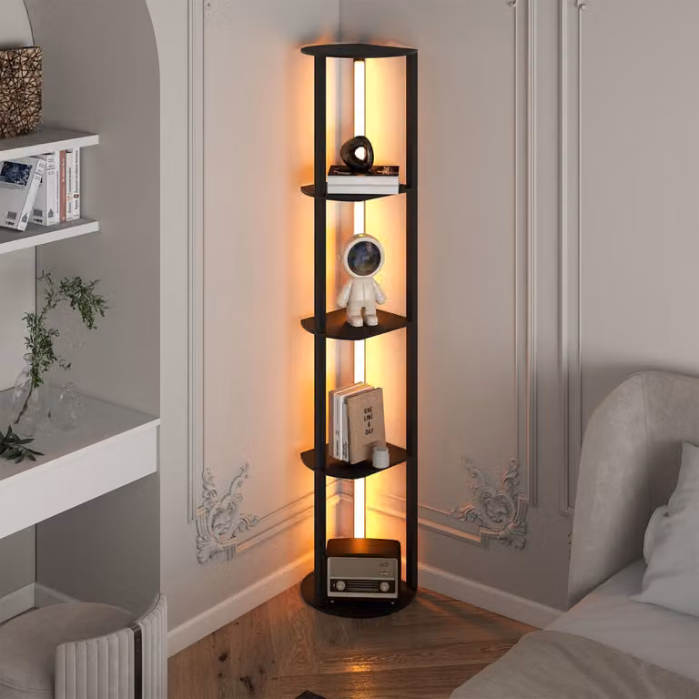 Costway Lampada da terra moderna con mensole in legno e 4 strisce LED regolabili, colore Nero