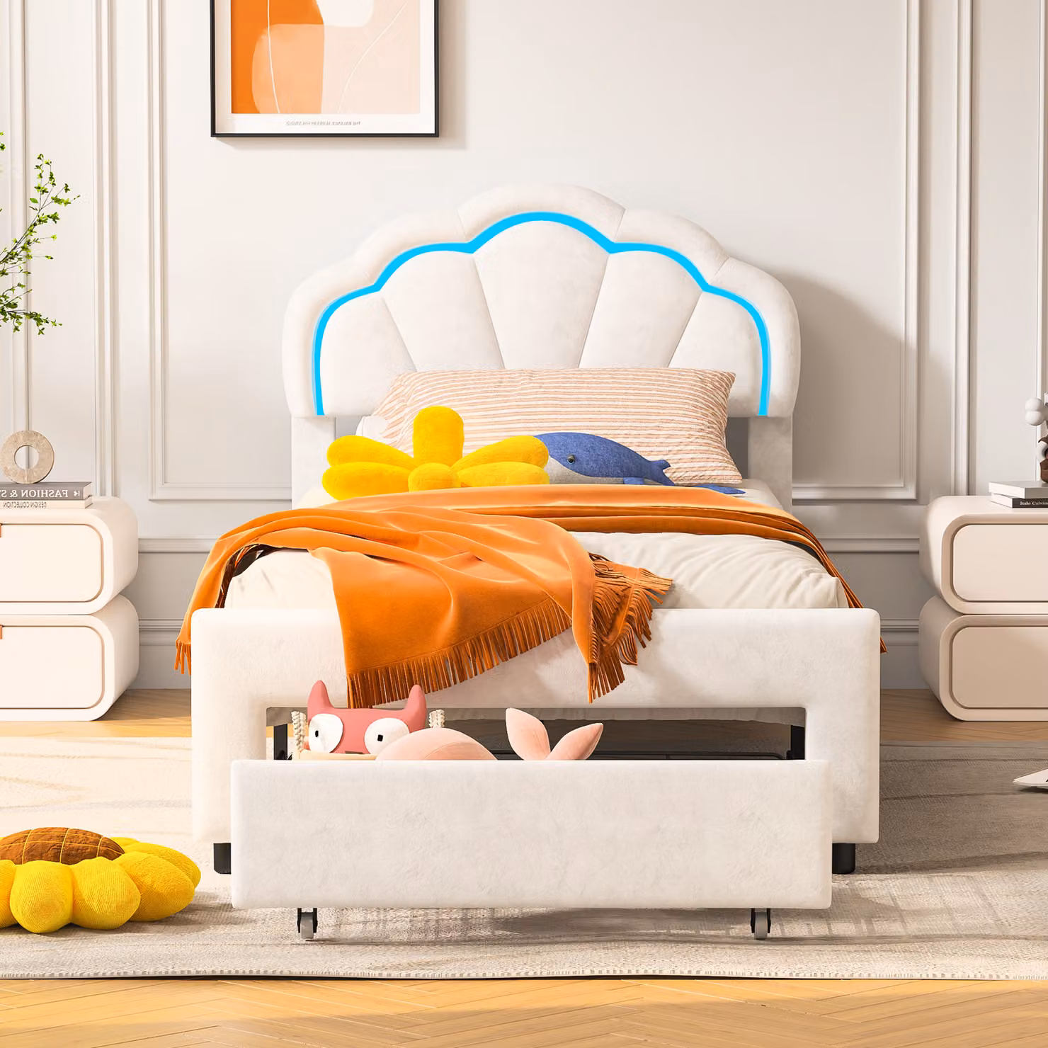 Letto imbottito CDGlobal 90x200cm, letto matrimoniale funzionale con illuminazione LED e cassetti, struttura letto con rete a doghe e testata, lino, stile classico, letto per ragazzi, bianco