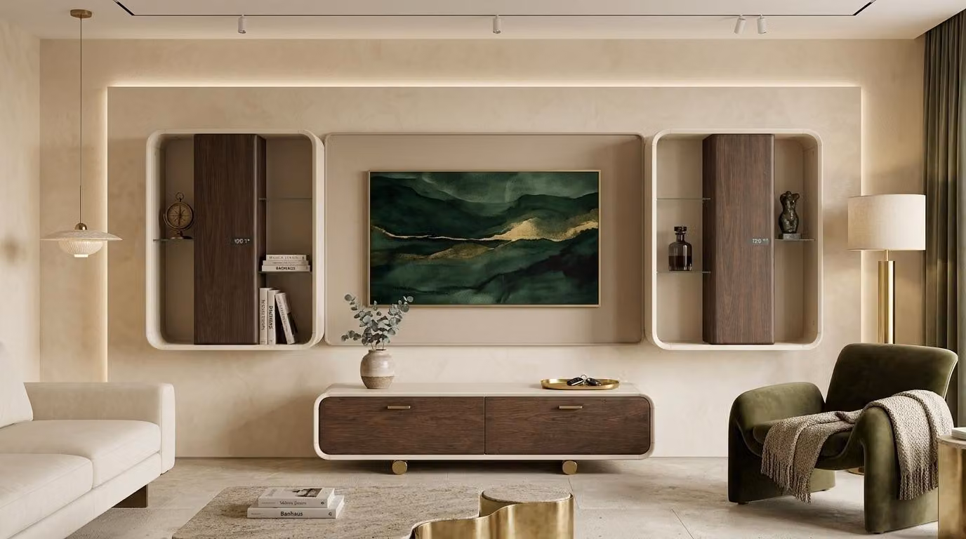 Mobile TV, modulo superiore per TV, parte superiore per televisore, stile moderno, beige, spazioso, confortevole