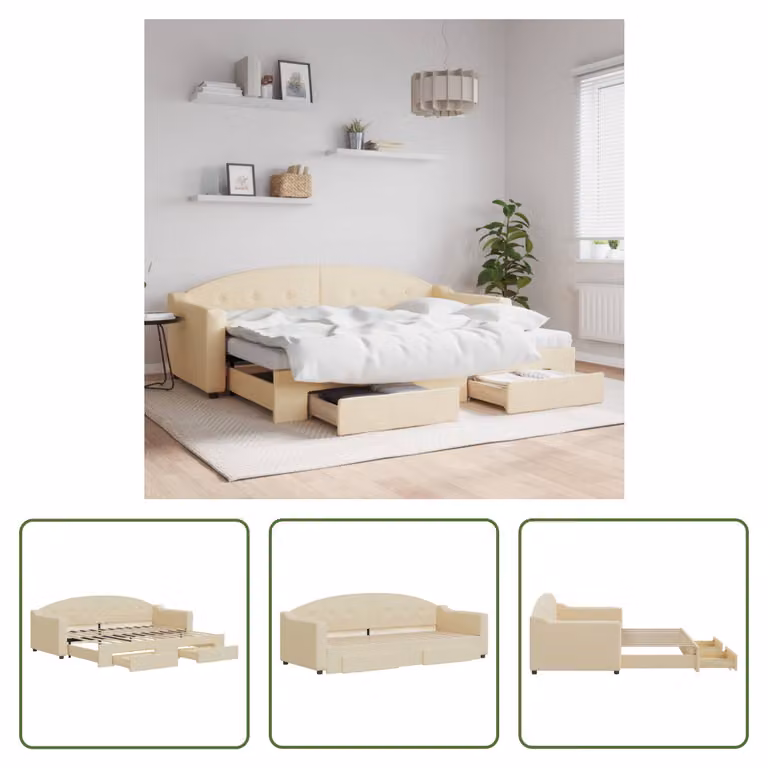 The Living Store letto da giorno allungabile con cassetti crema 80x200 cm in tessuto