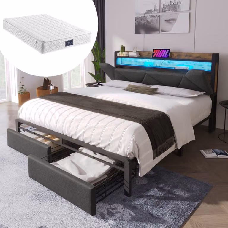 Letto imbottito Okwish 160x200 cm con funzione di ricarica USB e Type-C, testata contenitore e illuminazione LED e 2 cassetti, grigio - incluso materasso