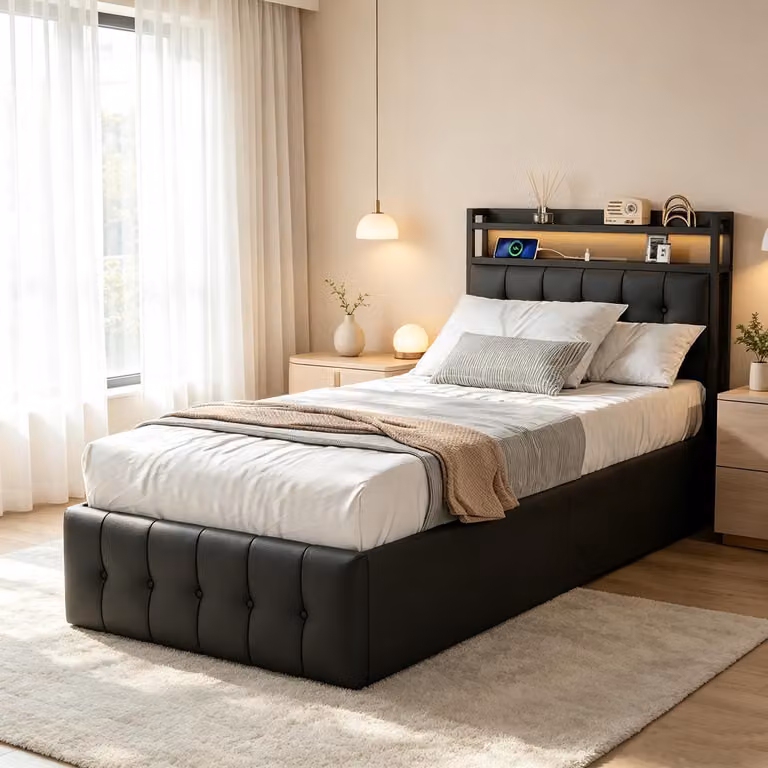 Letto imbottito INONEFT 90x200 con LED e USB, letto a molle con spazio contenitore idraulico, struttura letto con rete a doghe, rivestito in PU, colore nero
