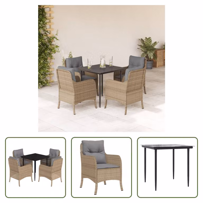 The Living Store Set da pranzo da giardino 5 pezzi con cuscini Beige poly rattan