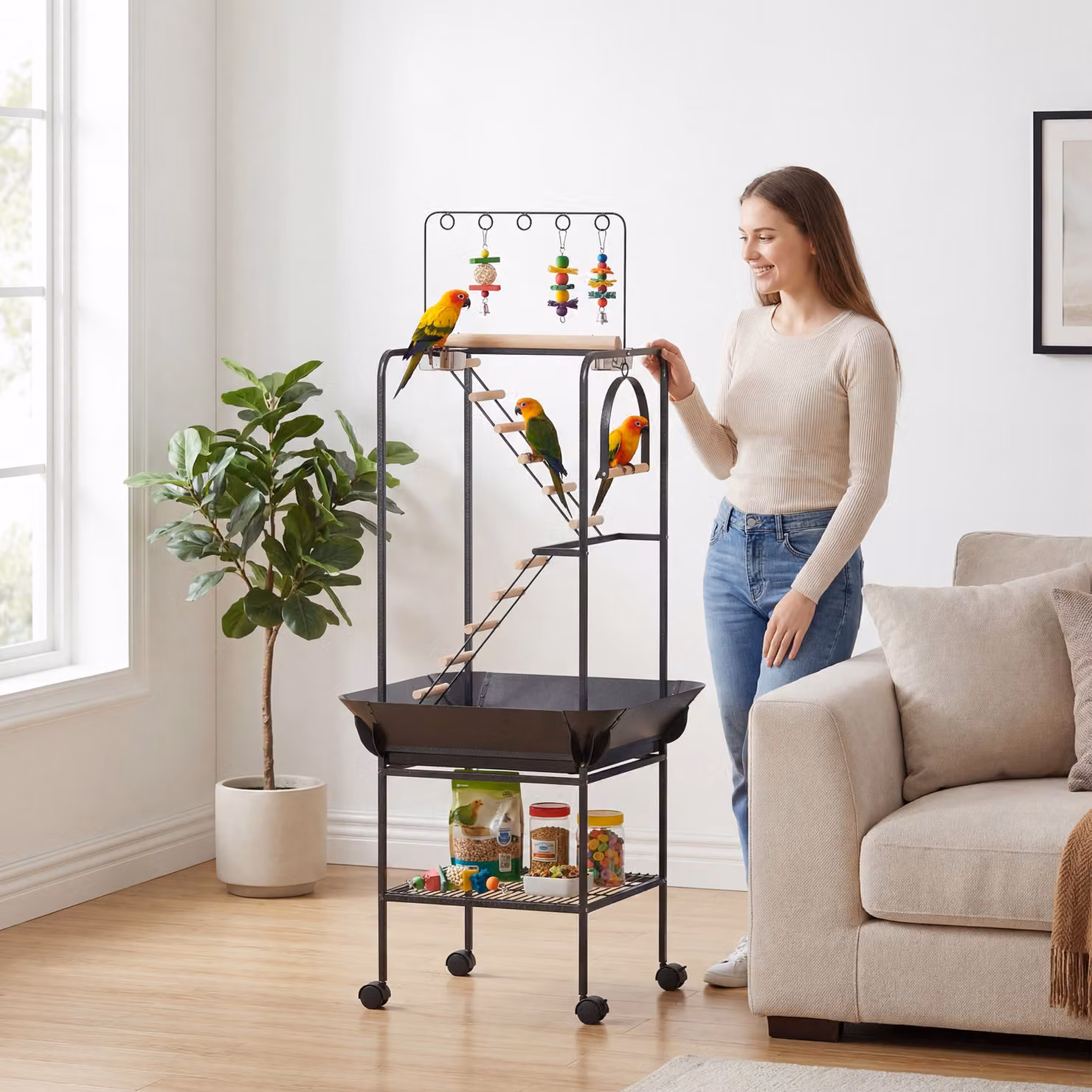 PawHut Parco Giochi per Uccelli con Ruote, Scale, Altalena e Vassoio, Multicolore, H x L x P: 163 x 63 x 63 cm – 2