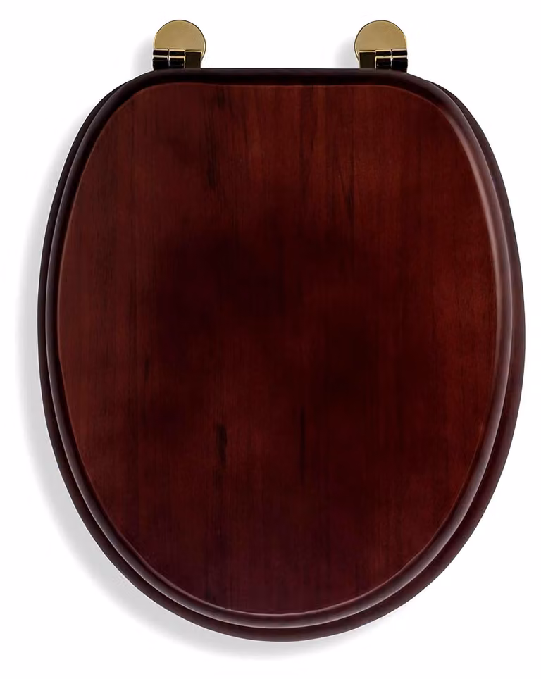 Copriwater in legno massello di pino con finitura effetto mogano, forma ovale, dimensioni 48 x 38 x 7 cm, completo di tutti gli accessori