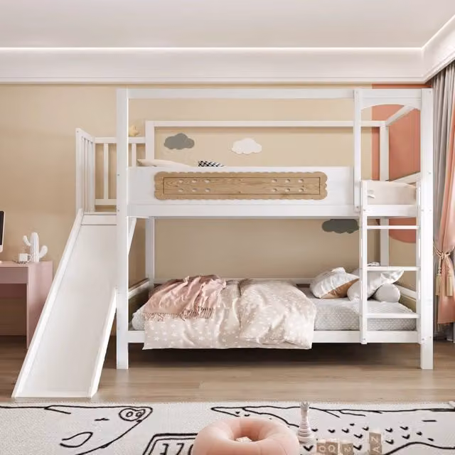 Letto a castello per bambini 90x200 cm con scivolo; scala larga e sponde; legno naturale e bianco