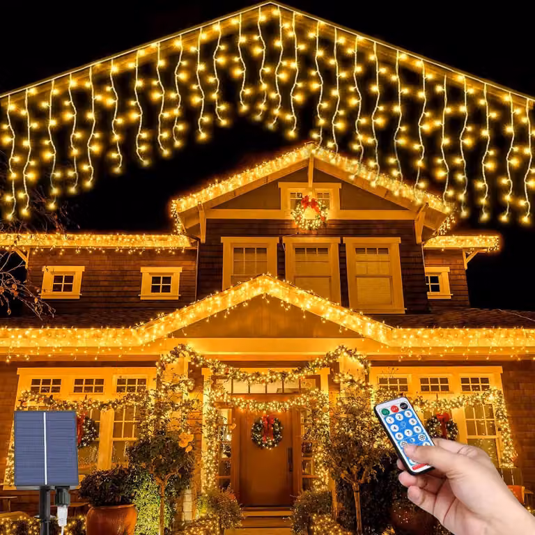 Catena luminosa solare con 256 LED, lunghezza 7 metri, luce bianco caldo, impermeabile