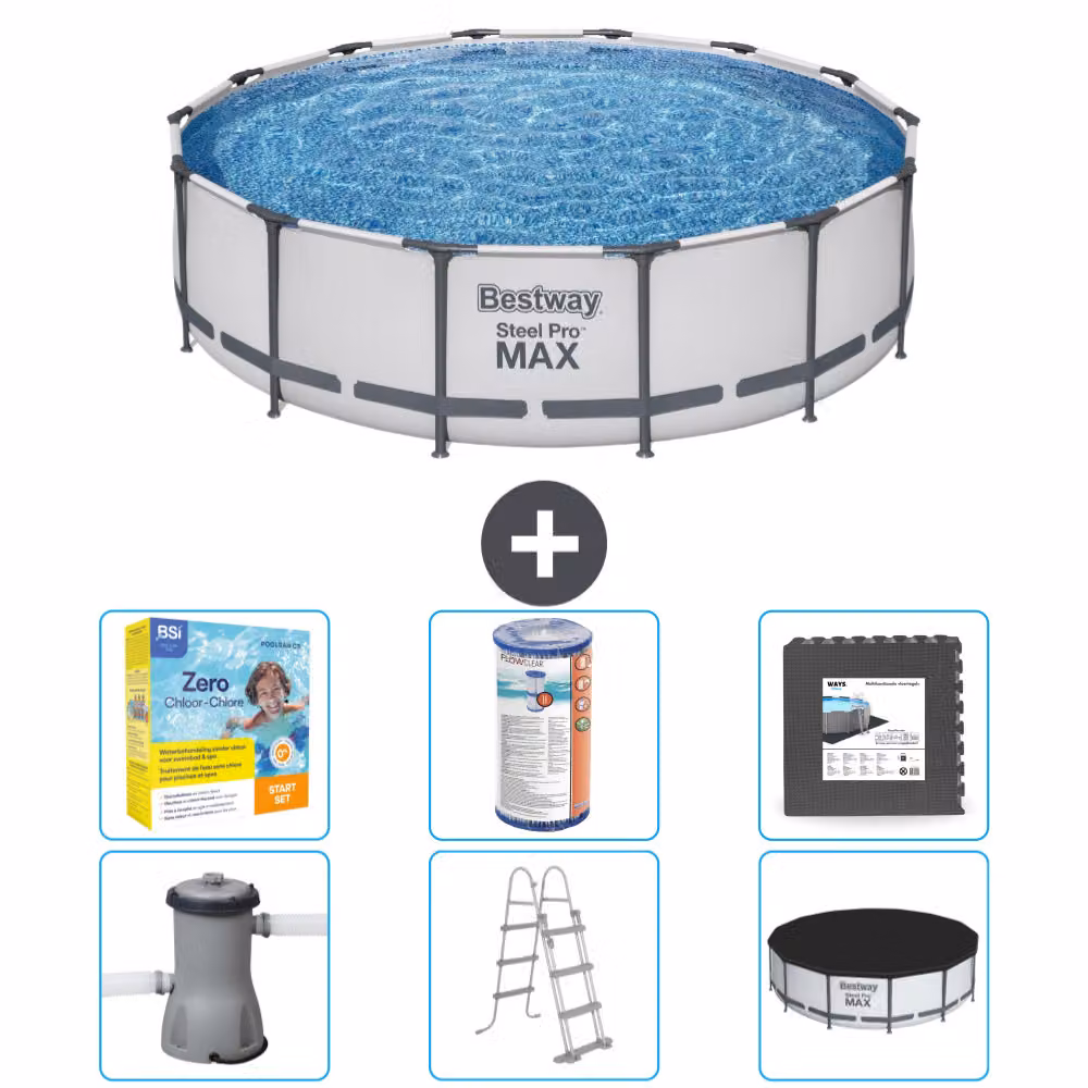 Piscina Bestway Round Steel Pro MAX - 427 x 107 cm - grigio - inclusa pompa - scala - pacchetto manutenzione copertura - filtro - piastrelle per il pavimento