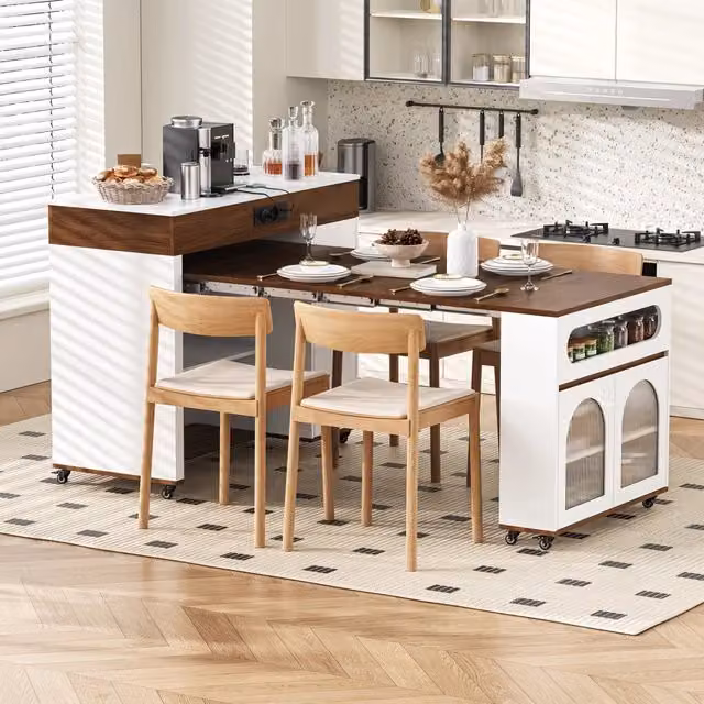 Tavolo allungabile con cassetto, ante in vetro curvo e prese, per cucina e sala da pranzo, MDF bianco e noce