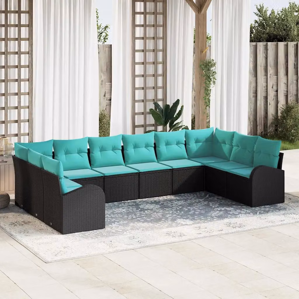 Set Divano da Giardino vidaXL a forma a U in Polyrattan con Cuscini, Nero e Turchese