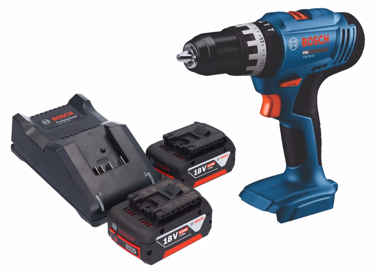Trapano avvitatore a percussione a batteria Bosch GSB 18V-25 Professional 18 V 56 Nm + 2 batterie da 5,0 Ah + caricabatterie