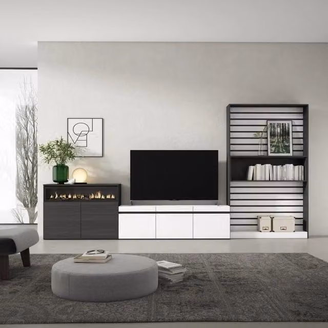 Mobile TV per soggiorno Skraut Home con camino elettrico e illuminazione integrata, Bianco e nero, L: 360 cm, P: 35 cm, H: 186 cm