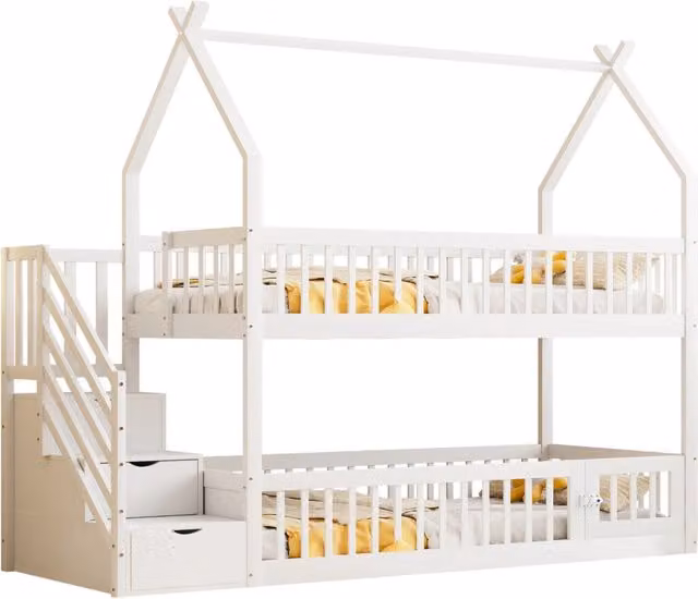 Letto a castello per bambini 90x200 cm con tetto; scala con cassetti; legno massello bianco