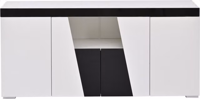 Madia moderna per soggiorno con illuminazione integrata, finitura lucida, Bianco e Nero, L 140 x P 40 x H 65 cm
