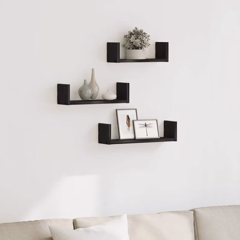 Set di 3 mensole da parete vidaXL in legno multistrato e MDF, colore rovere e nero, stile moderno
