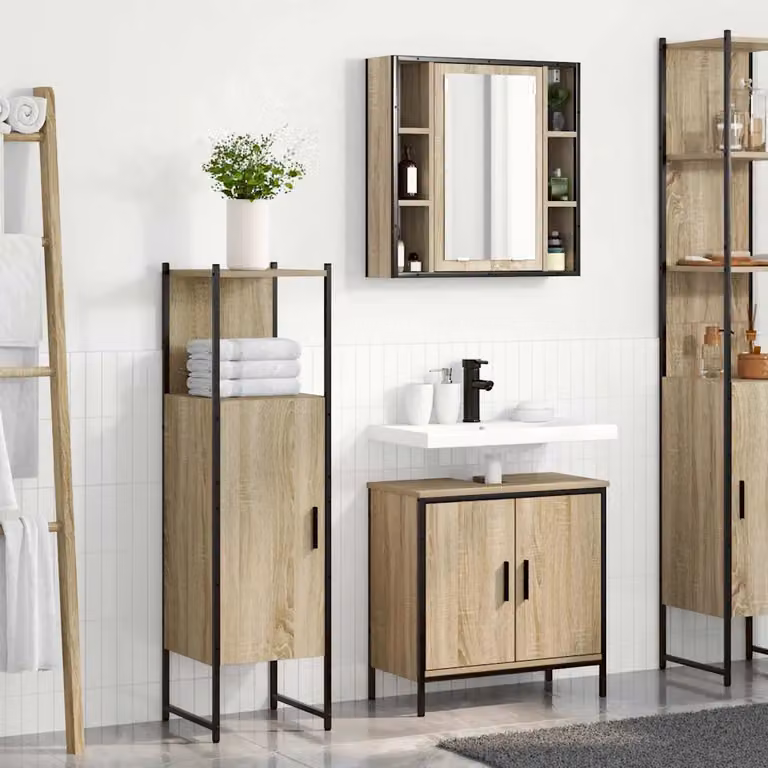 Set di mobili per il bagno moderno vidaXL composto da 3 pezzi in legno e metallo, colore marrone e nero, L/P/H: 60 x 30 x 60 cm