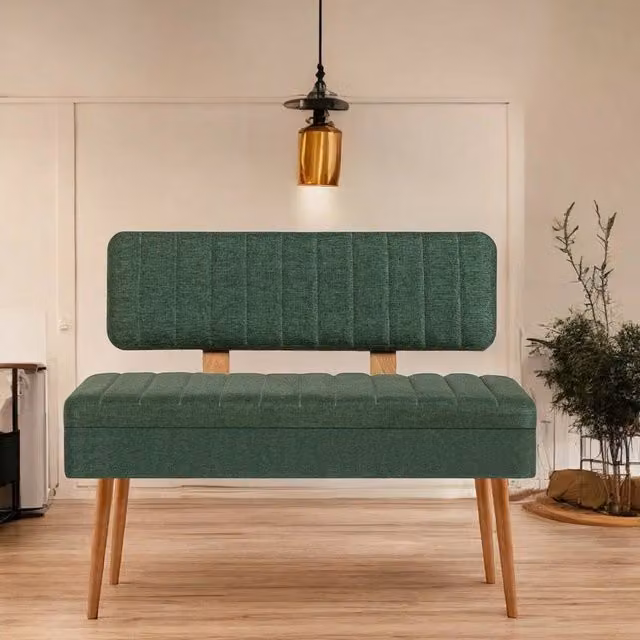 Panca DMORA Barthelemy in legno color quercia marrone con seduta in tessuto verde, L: 105 cm, P: 40 cm, H: 85 cm