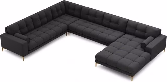 Divano panoramico sinistro Bali di Cosmopolitan Design, 7 posti in tessuto strutturato grigio scuro con dettagli oro, L 327 cm x P 134 cm x H 75 cm