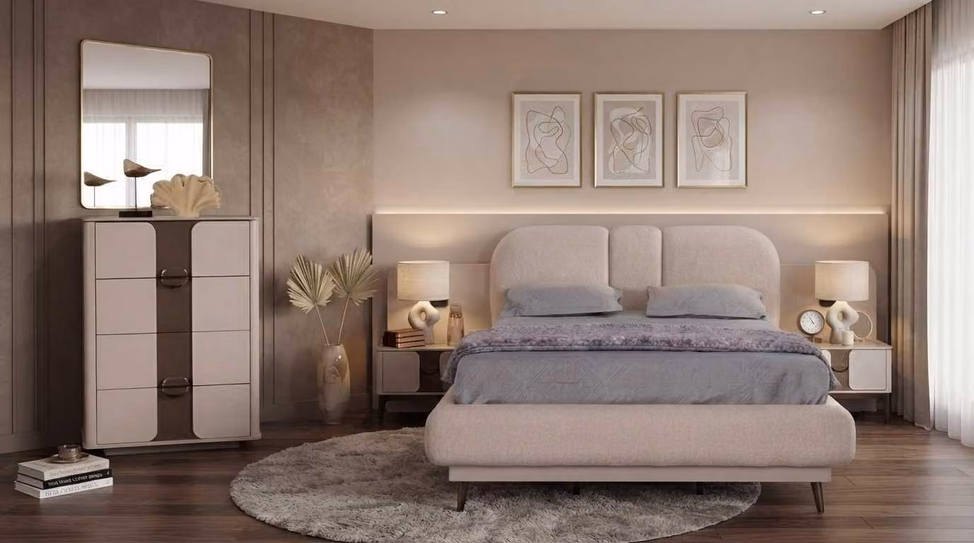 Camera da letto beige, design moderno, letto 2 comodini, cassettiera, mobile contenitore alto