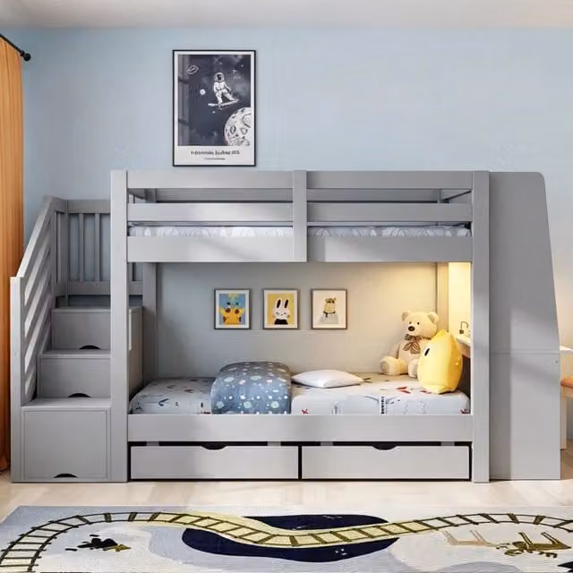 Letto a Castello 90x200 cm in Legno con Scrivania; Cassetti e Luci LED; Grigio