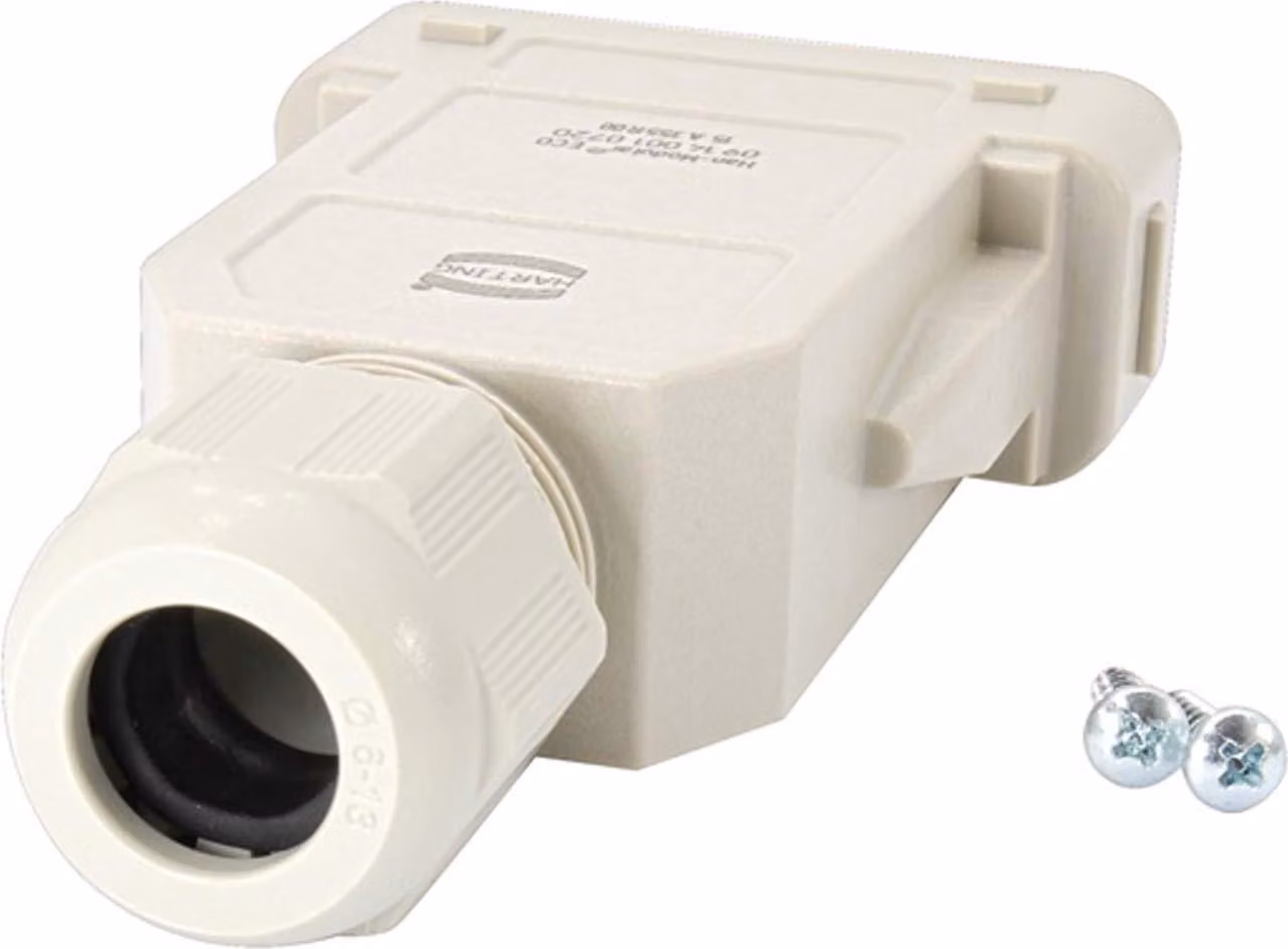 HARTING Han Modular ECO Alloggiamento di accoppiamento, 1 uscita cavo diritta, per 2 morsetti (nella parte superiore) Intervallo di serraggio 6,0 mm -