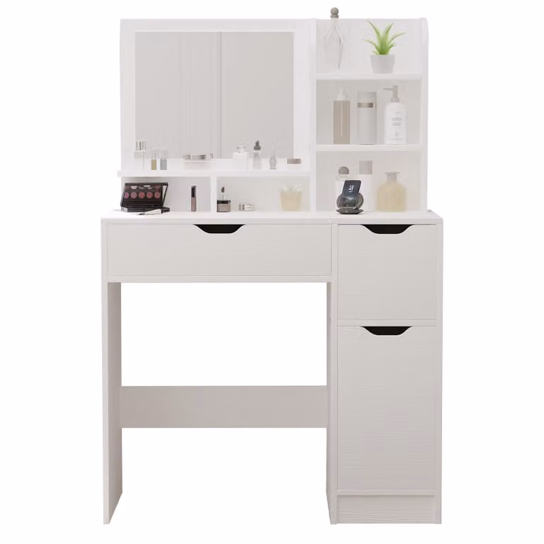 Moderna toeletta da trucco con specchio e cassetti, bianca in stile loft